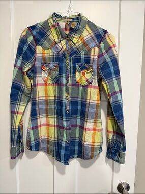 BKE Western Plaid Snap Button Shirt Y2K Cowboy Colorful Cotton M